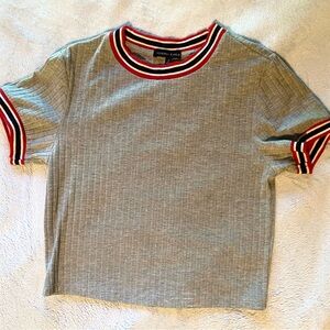 Ardene Kendall & Gray Ribbed Crop Top with Red, Black & White Stripe Trim
